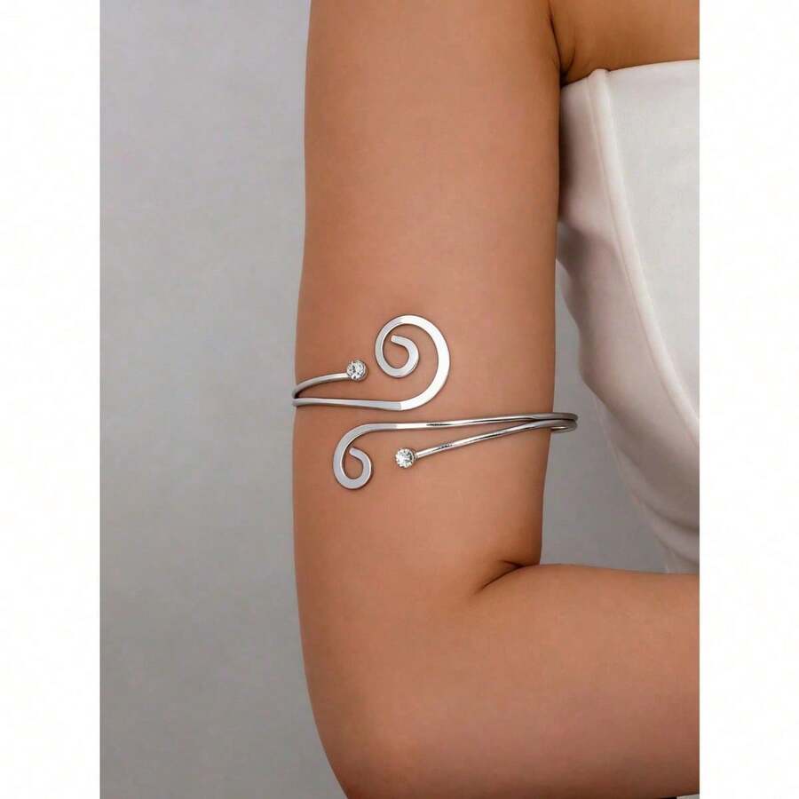 1 Pc Flower Floral Decor Metal Arm Cuff / Metal Wire Wrap Design Upper Arm Bangle / Women Arm Band - 銀色 - 查看 1