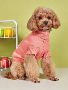 1pc Pet Sweater, Autumn/Winter Knitted Elastic Turn-Up Collar Design, Solid Color Cute Rabbit Pom Pom, For Small Dogs And Cats - Pink - View 5