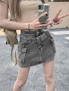 Solid Color Washed High Waist Cargo Bodycon Mini Skirt With Belt, Street Style Women Denim A-Line Skirt