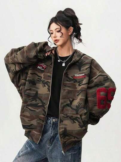 秋のカジュアル フード付き迷彩ジャケット 女性用 ルーズで多用途 アメリカンレトロな怠惰なスタイル カーディガンスウェットシャツ ストリート/通勤着用に適しています 軽量素材 裏起毛で保温性抜群