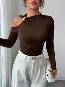 Camiseta casual de primavera con diseño de hombros descubiertos y ajuste estilizante para tallas grandes - Café integral - Ver 4