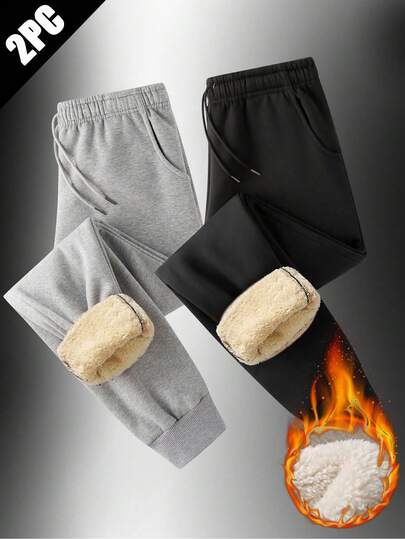 2pcs Men's Thermal Lined Sweatpants, Thick Warm Casual Outdoor Trousers For Winter, Fall Clothes