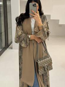 1pc Elegant Tie-Waist Casual Split Cuff Batik Print Abaya, Arabian Dubai Fashion Saudi Open Cardigan Robe Shawl, Suitable For Daily Wear And Gatherings Spring - Multicolor - View 1