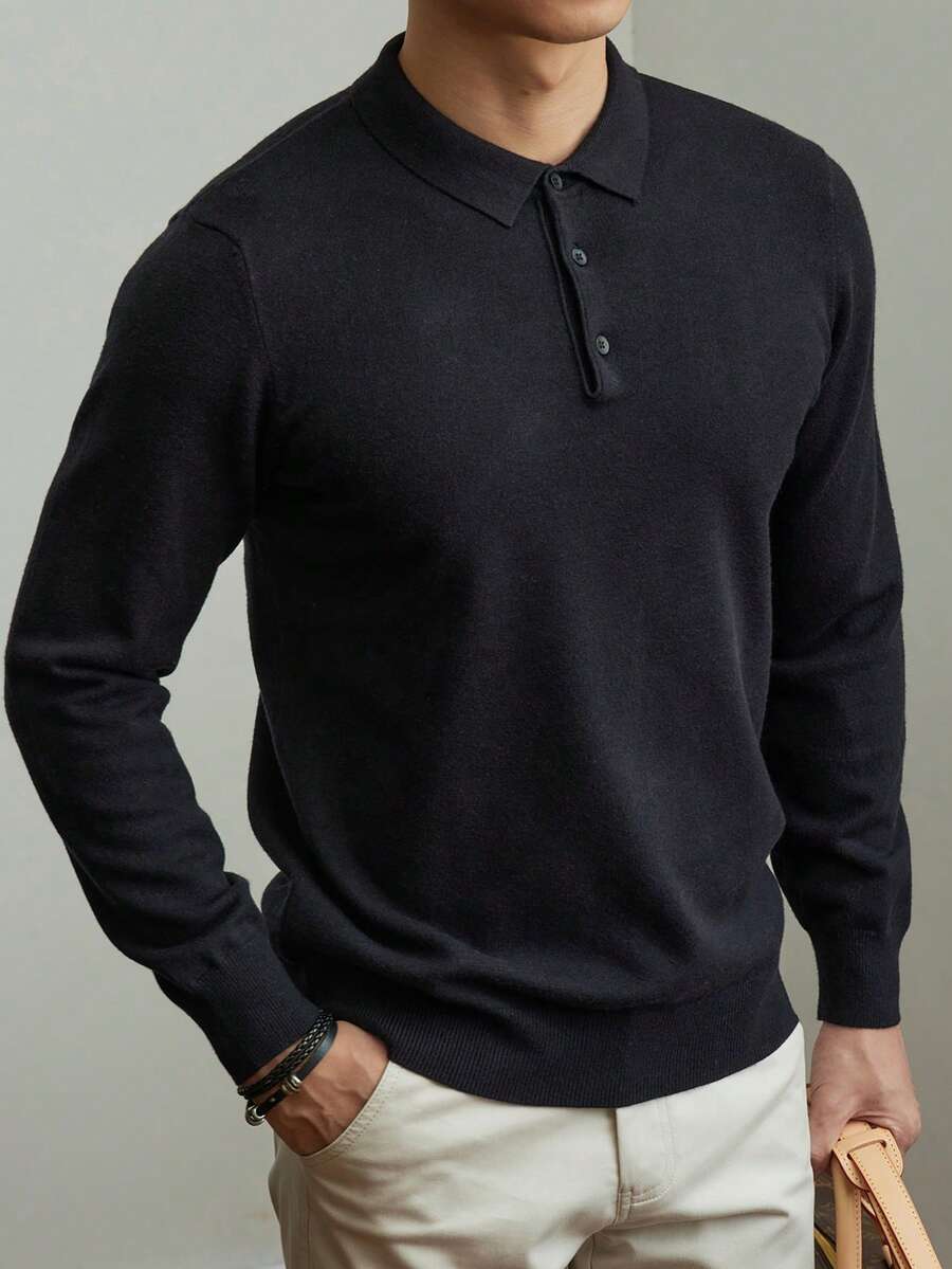 ALTZTAR 男士秋冬休閒素色長袖針織 POLO 毛衣 - 黑色 - 查看 1