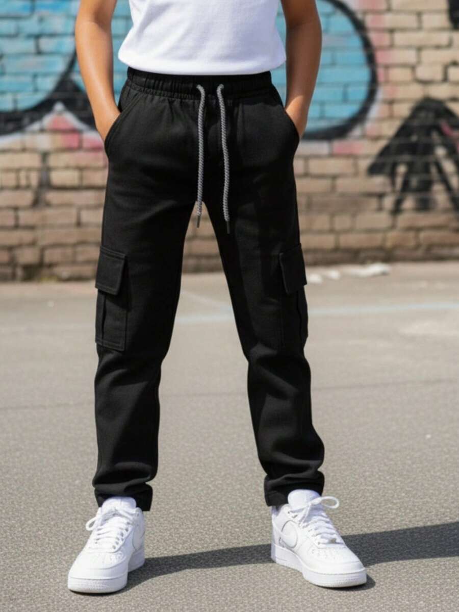 Kids Boy's Cargo Pants With Pocket And Elastic Waist Skater Style - 黑色 - 查看 1