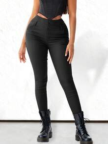 Apperloth A Pantalones casuales de cintura alta con elástico, botones y pierna entallada, de cuero sintético con efecto moldeador, estilo retro de los 90 - Negro - Ver 2