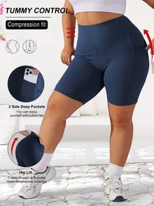 大码女式轻便骑行短裤，高腰健身跑步运动弹力收腹短裤，带口袋