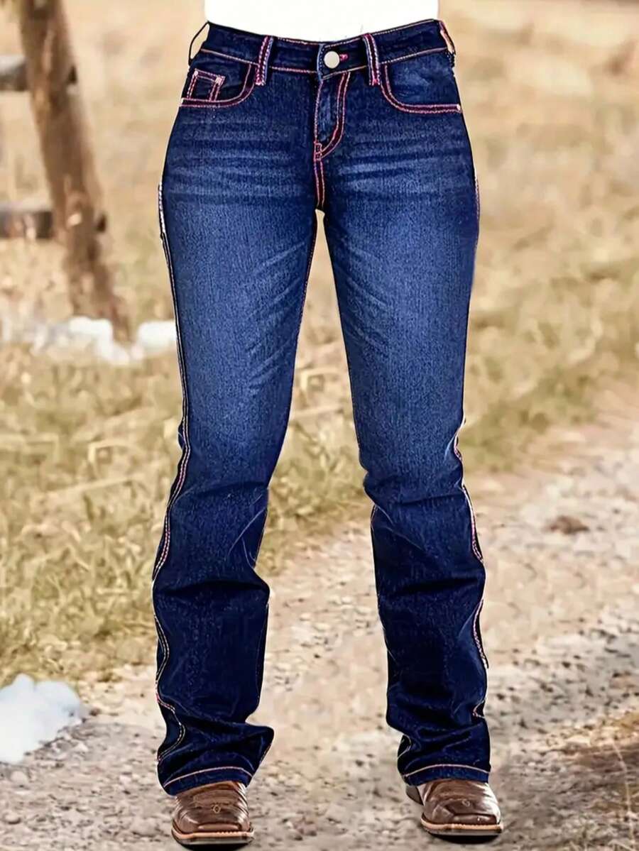 Women's High Waist Stretch Flare Jeans With Embroidery And Washed Finish, Dark Blue Denim Pants With Pockets And Button For All Seasons - Xanh lam 2 - Xem 1