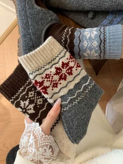 4 Pairs Women's Multi-Color Combination, Fair Isle Snowflake, New Arrival For Autumn/Winter, Imitation Wool Knit Fabric, Thickened, Warm And Cold-Resistant, Retro Sailor Socks, Suitable For Home, Commuting, School, Holiday Gifts