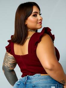 Women's Summer Plus Size Cropped Blouse With Ruffled Sleeves, Button Detail, Back Zipper, Curve Look, Sizes 44 To 54 - Burdeos - Ver 2