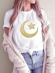 Camiseta de manga corta con estampado geométrico de Ramadán, estrellas y luna, moda casual y cómoda para mujer en primavera y verano. - Blanco - Ver 2