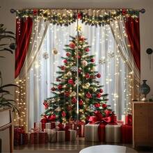 2 piezas de cortinas de Navidad de estilo europeo minimalista y lujoso - Patrón de copo de nieve rojo y dorado, 100% poliéster transparente con ojales, adecuado para sala de estar y dormitorio, lavar a mano, sin barras incluidas, decoración navideña para ventana, jacquard lujoso