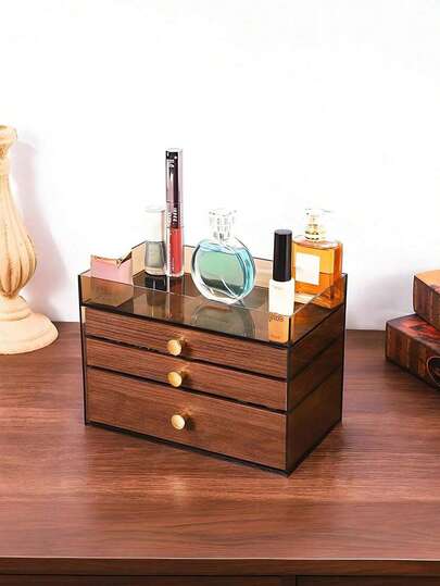 1ชิ้นกล่องเครื่องประดับหลายชั้น, กล่องเก็บสร้อยคอและต่างหูที่สวยงามระดับไฮเอนด์, กล่องเครื่องประดับไม้, กล่องเก็บและแสดงผลแบบหลายชั้น, กล่องเครื่องประดับไม้สไตล์เรโทรลายไม้วอลนัทพร้อมแผงกระจกและฝาครอบกันฝุ่น - กล่องเก็บของทรงแปดเหลี่ยม, การออกแบบหลายช่อง