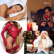 Women's Sexy Mesh Bodysuit, Long Sleeve Shrug Top Cami Jumpsuit With Garter Belts And Leg Rings For Rave, Nightclub - 酒紅色 - 查看 6