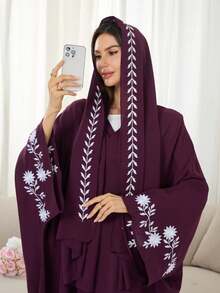 1pc Elegant Leaf Embroidered Hijab + Open Abaya, Classic & Fashionable Muslim Clothing For Women's Daily Wear - 彩色 - 查看 5