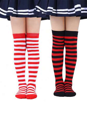 1 par de medias altas de niña con rayas/medias muslo con estampado de cebra, de tela de punto de poliéster, adecuadas para niñas de 7 a 14 años para fiestas y regalos