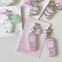 粉色复古卡通手机亚克力钥匙扣，星形扣环搭配“好运即将到来”爱心吊坠，多功能钥匙圈，可用于包包/钥匙，可爱萌系配饰，适合情人节、少女聚会及日常佩戴。 - 彩色 - 查看 6