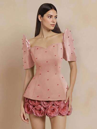 Women's Elegant Beaded Crew Neck Fitted Blouse, Chic & Stylish, Christmas Vibe