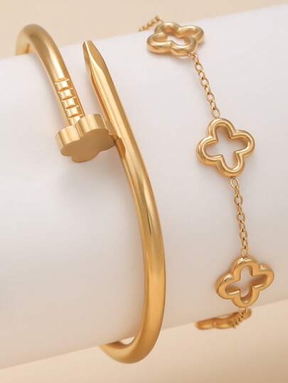 时尚不锈钢四叶草图案女士手链套装，适合派对、聚会和日常佩戴