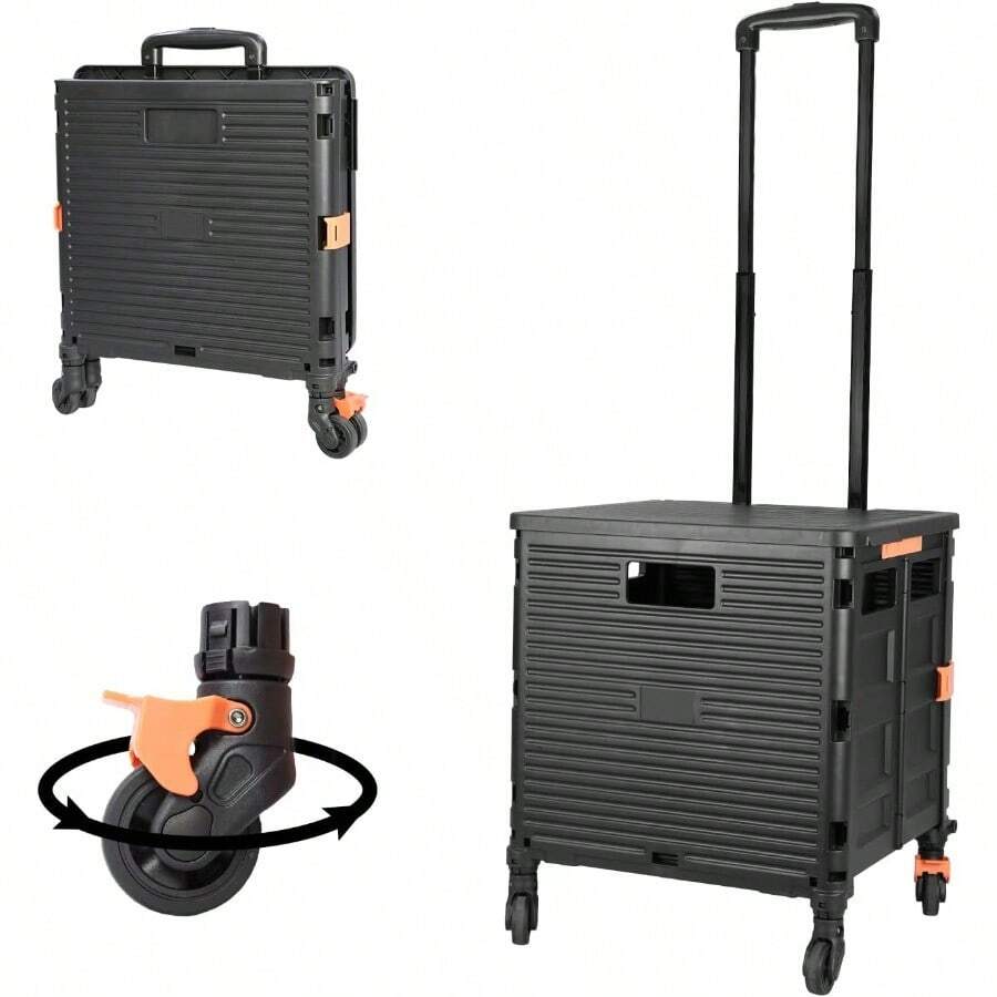 Utility Cart Folding Portable Rolling Crate Handcart With Lid Durable Heavy Duty Plastic Telescoping Handle Collapsible 360 Degree Rotate Wheels For Travel Shopping Moving Luggage Office Use Black - ĐenBlackLid - Xem 1
