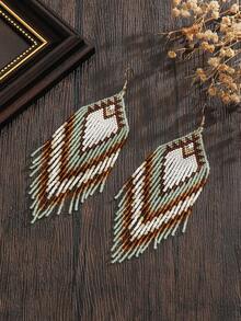 1 Pair Women's Fashion Bohemian Tassel Earrings, Vintage Green Geometric Heart Pattern, Long Tassel Swinging Glass Seed Bead Handmade Earrings, Suitable For All Seasons, Versatile Daily Wear & Gift