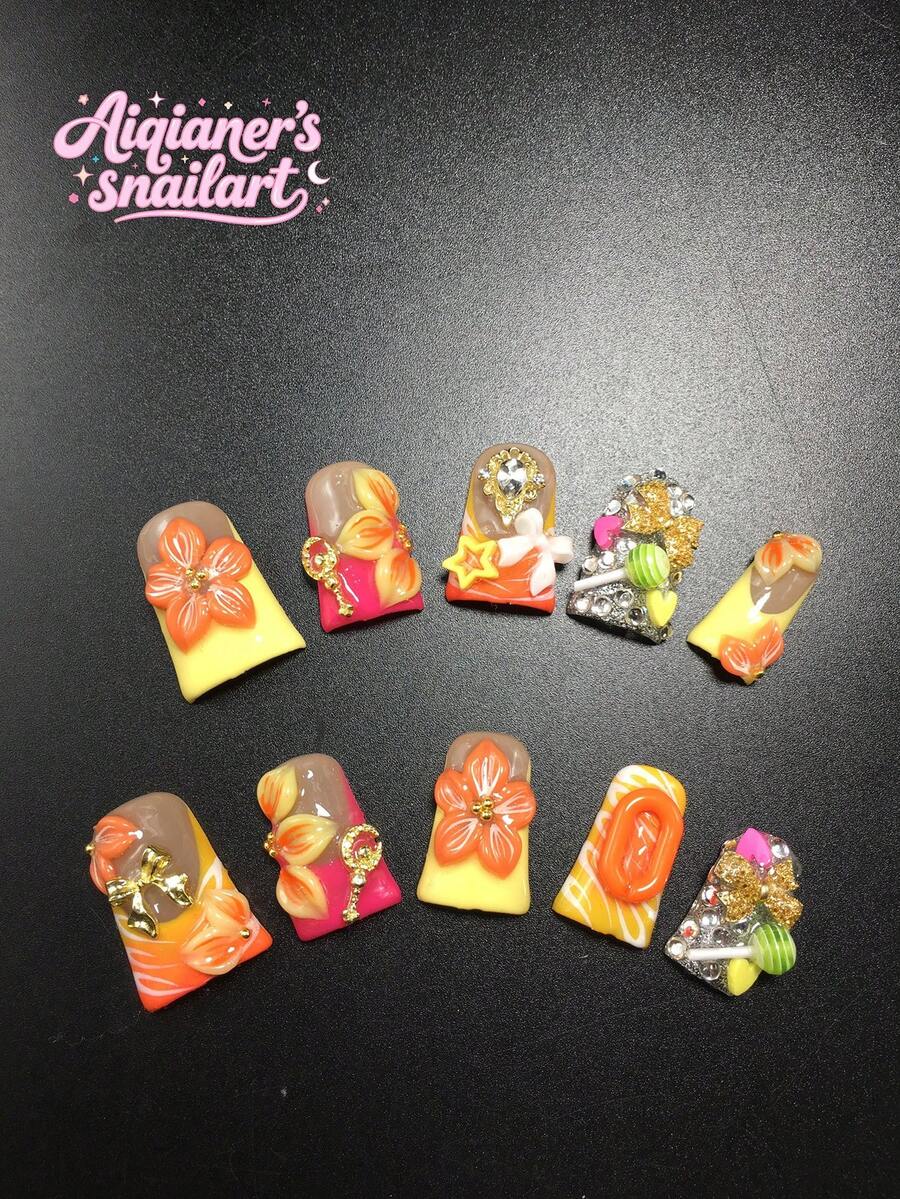 Each Set Consists Of 10 Pieces Of Y2K Duck Billed/Trumpet Shaped Handmade Acrylic Armor Pieces, Designed In French Style With Rhinestones, Lollipops, Petals, And Bow Decorations, Available In Multiple Colors And Nude Colors. 3 Sizes To Fit, Suitable For Parties, Dances, And Daily Wear, Comes With A Nail Kit, Making It An Ideal Press On Nails Gift For Ladies And Girls.