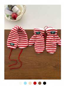 Thermal Lined Striped Fingerless Gloves With Ear Muffs, Warm And Cute Winter Set For Girls Plush Striped Fingerless Gloves With Ear Muffs, Warm And Fashionable Winter Set - Lambswool-lined Gloves - View 1