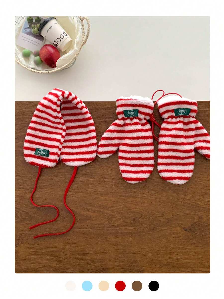 Thermal Lined Striped Fingerless Gloves With Ear Muffs, Warm And Cute Winter Set For Girls Plush Striped Fingerless Gloves With Ear Muffs, Warm And Fashionable Winter Set - Lambswool-lined Gloves - View 1