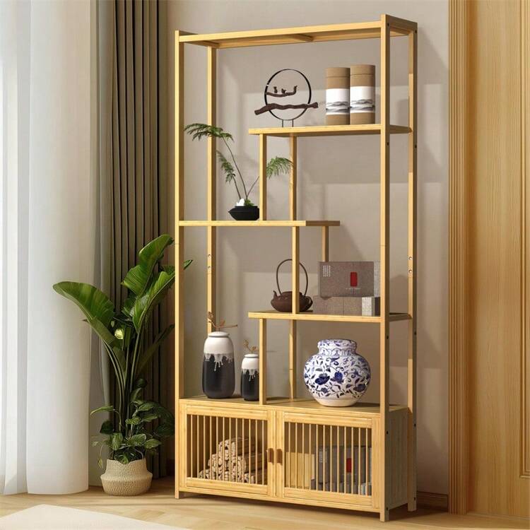 Bamboo 6-Tier Storage Rack Blind Door Cabinet Staggered Shelf Etagere Bookcase - Black - View 1