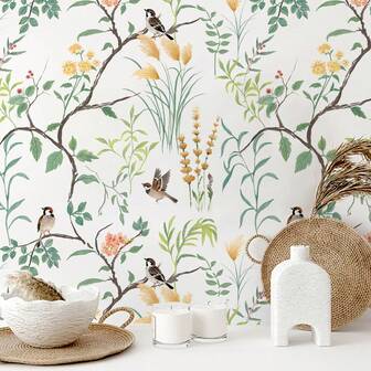 1卷复古花卉自粘壁纸 - 即撕即贴，饰有黄色芦苇和小花，防水，可移除，乡村风格，适用于客厅电视背景墙、卧室、玄关、复古家居装饰、橱柜、搁架、家具翻新，租房者友好，可DIY定制