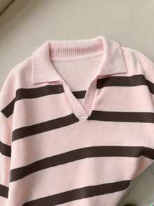 FOR BEAUTY Spring/Autumn New POLO Collar Retro Stripe Color Blocked Long Sleeved Knitted Sweater Women's Loose Half Front Old Money Style Sweater Tops New Year - Cà phê hồng hoa đào - Xem 3