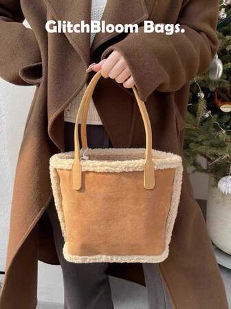 New Plush Retro Tote Bag, Fashion One Shoulder Handbag For Shopping, Commuting, School, Gift, Autumn/Winter, Korean/Japanese Style