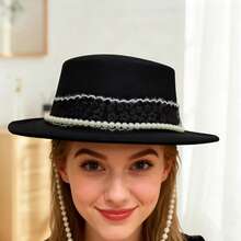 Women Autumn Winter Fedora Hat  Pearl Chain Wool Hat Felt Jazz Hat For Photography - Black - View 2