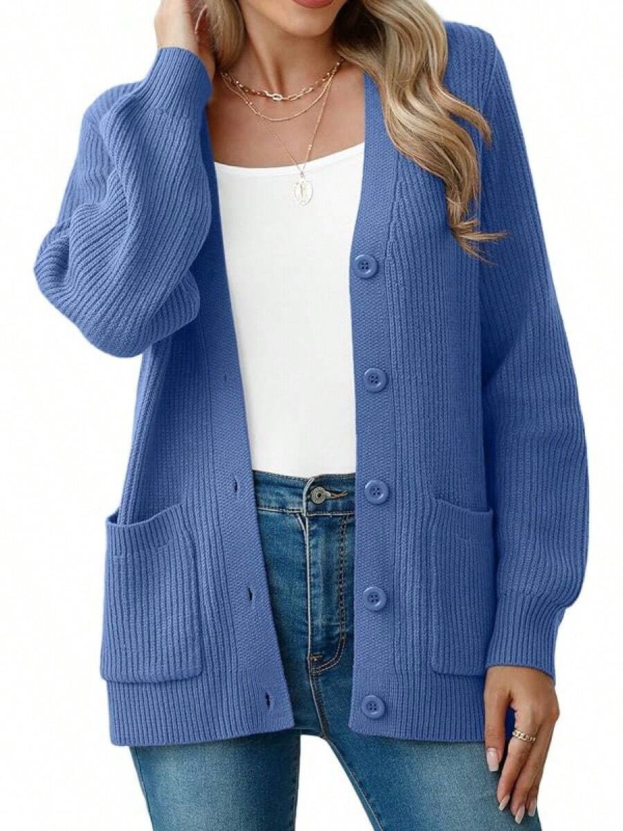 Women Chunky Knit Cardigan Sweater Long Sleeve Button Up Cardigan With Pocket Sweater Coat Fall And Winter, Fashionable Knitwear SLK8 - Màu xanh lam - Xem 1