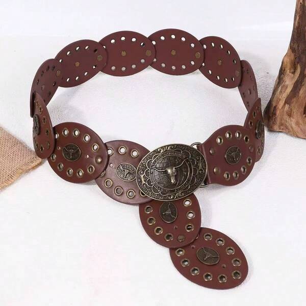 Cinto de Cintura Retrô Estilo Cowgirl Ocidental para Mulheres, Design Boêmio Exagerado de Metal Oco Oval