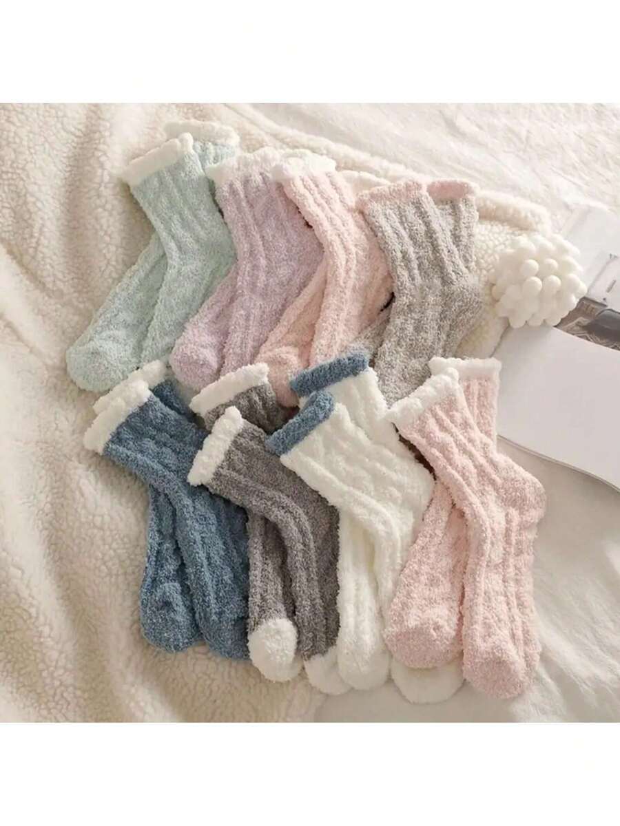 3 Pairs Of Women's Winter Warm Fleece Socks - Soft Coral Fleece, Ribbed, Pastel Colors, Washable Indoor And Outdoor Comfortable Plush Socks, Soft Texture, Comfortable Wear, Random Colors - 3 cặp - Xem 1