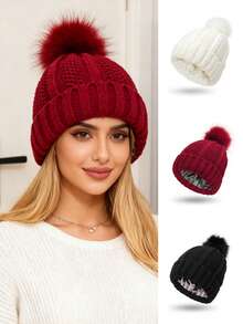 Women's Winter Beanie Hat With Satin Lining And Faux Fur Pom-Pom, Warm Knitted Hats For Women In Winter - Multicolor - View 1