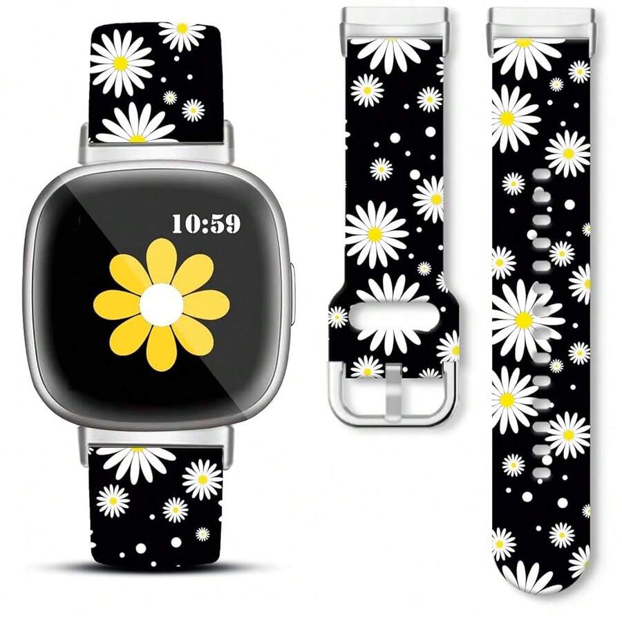 Compatible With Watch Band Fitbit Versa 3, Versa 4, Sense, Sense 2, Holiday Pattern Silicone Replacement Strap{Inchcolor_nameinch:InchBlackDaisyinch,Inchsize_nameinch:InchForVersa4/Versa3/Sense2/Senseinch} - BlackDaisy - View 1