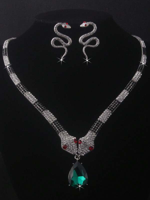 1 Set Women's Green Water Drop Pendant Necklace & Elegant Delicate Snake Chain Necklace, Luxury High-End Earrings Jewelry Set