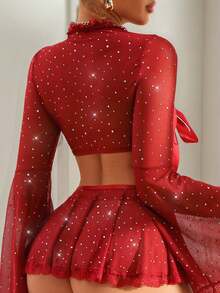 3pcs Set: Lace Trim Heart Neck Long Sleeve Top With Bow Tie + Lace Trim Skirt + Thong Panty - Burgundy - View 2