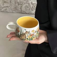 かわいい猫のセラミックコーヒーカップ、朝食オートミールミルクカップ、家庭用ドリンクカップ、ラテカップのセット - キャットストーリー コーヒーカップ&ソーサー - イエロー - チェックする 5