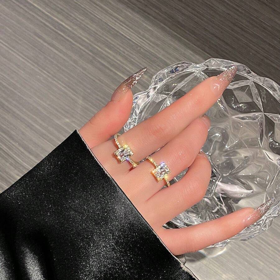 奢华锆石闪亮戒指，简约方形水钻设计，可调节开口戒圈，时尚女士款 - 彩色 - 查看 1