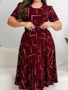GODÊ MIDI DRESS WITH SHORT SLEEVE BELT AND GEOMETRIC PRINT - Burgundy - View 6