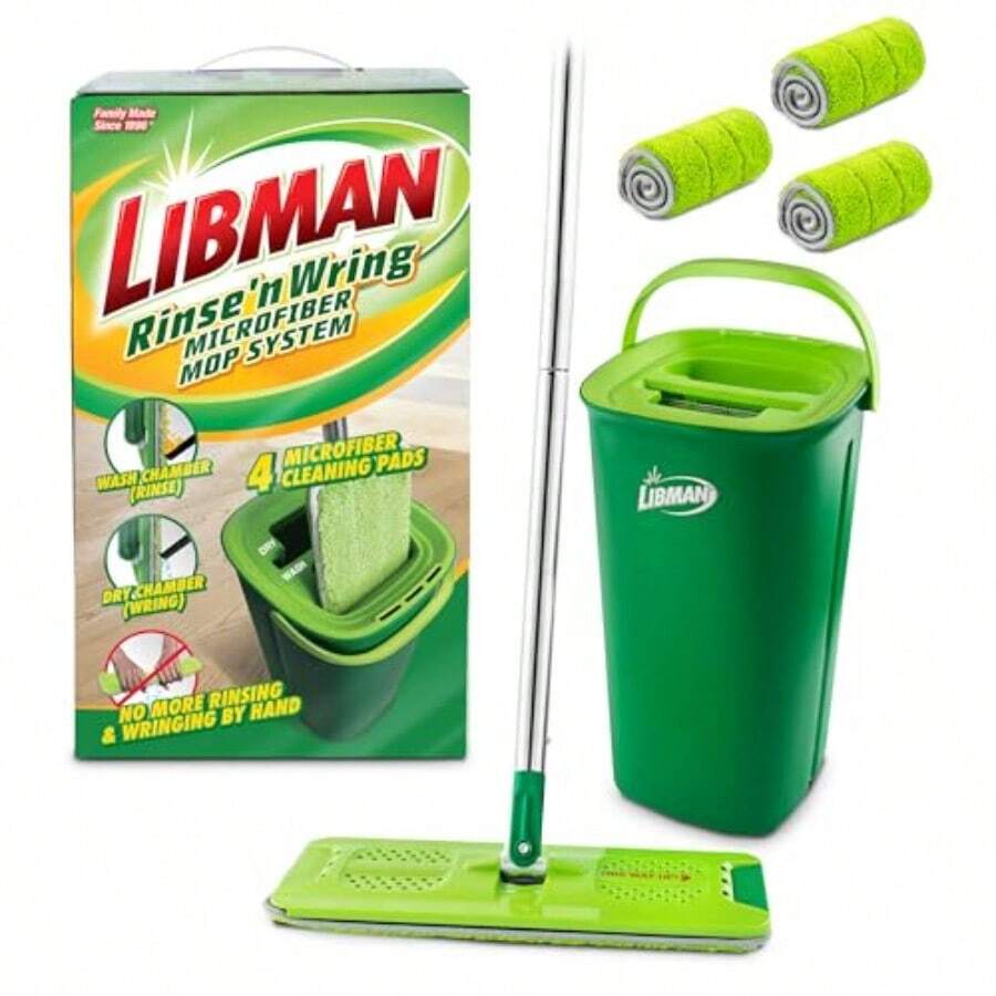 Rinse 'n Wring Mop And Bucket System With Microfiber Floor Mop For Hardwood Floors Wet Dry Cleaning Capability Dual Water Chambers For Clean And Dirty Water Separation Power Blades For Enhanced Scrubbing Includes 4 Replaceable Microfiber Pads For Efficient Home And Apartment Cleaning - màu xanh lá - Xem 1