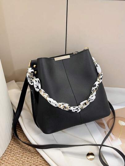 Women's PU Leather Bucket Bag With Chain Decor, Crossbody