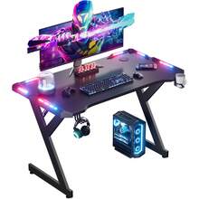 DLONGONE Gaming Table With LED, 100 X 55 Cm Gaming Desk, Stable Computer Table With Carbon Fiber Coating, Gamer Table With Cup Holder And Headphone Hook, Black - Black - View 2