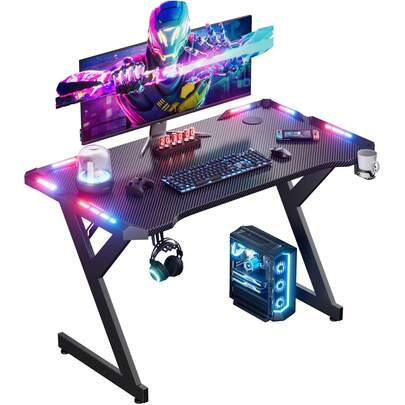 DLONGONE Gaming Table With LED, 100 X 55 Cm Gaming Desk, Stable Computer Table With Carbon Fiber Coating, Gamer Table With Cup Holder And Headphone Hook, Black