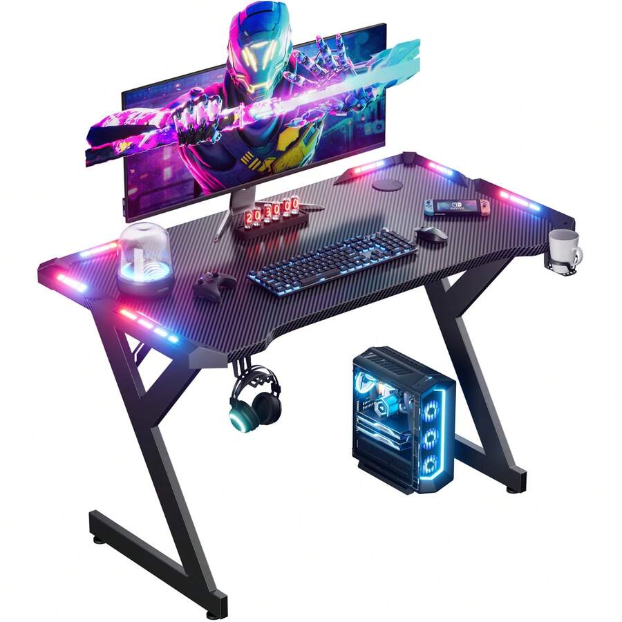 DLONGONE Gaming Table With LED, 100 X 55 Cm Gaming Desk, Stable Computer Table With Carbon Fiber Coating, Gamer Table With Cup Holder And Headphone Hook, Black