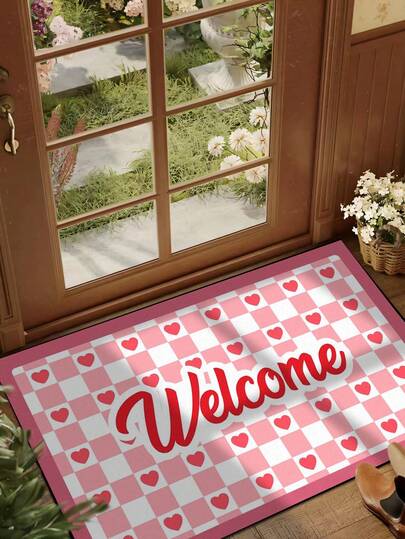 1pc Plaid Heart "Welcome" Pattern Doormat, Polyester Fiber Rug With Holiday Style, Machine Washable, Suitable For Living Room, Kitchen, Bedroom, Entryway, Home Decor, All Seasons