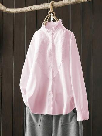 Women's Solid Color Long Sleeve Stand Collar Front Button Casual Shirt